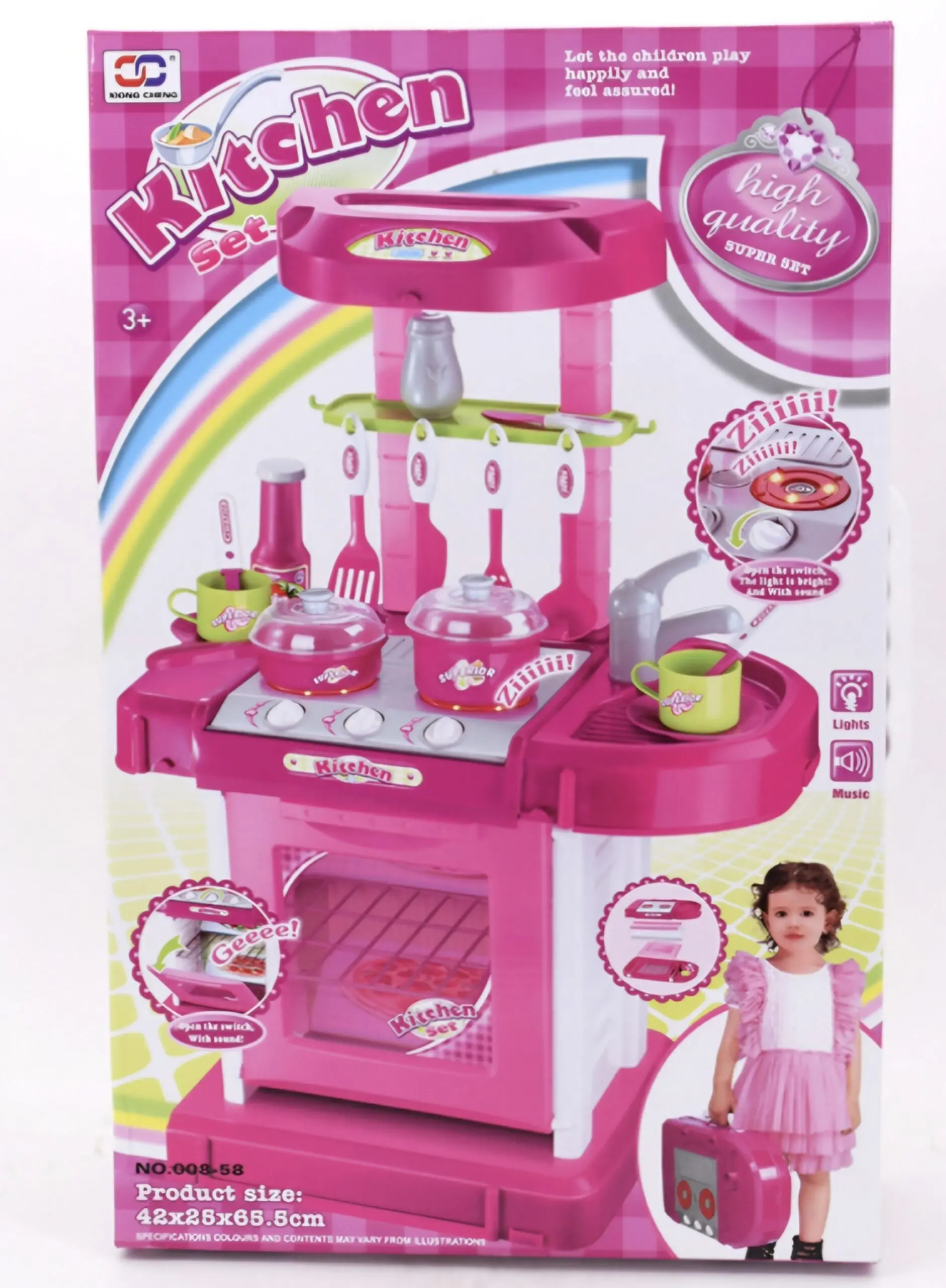 Cocina de juguete rosa y blanca con accesorios, estufa, horno y dimensiones de 42x25x65.5 cm en empaque de cartón.