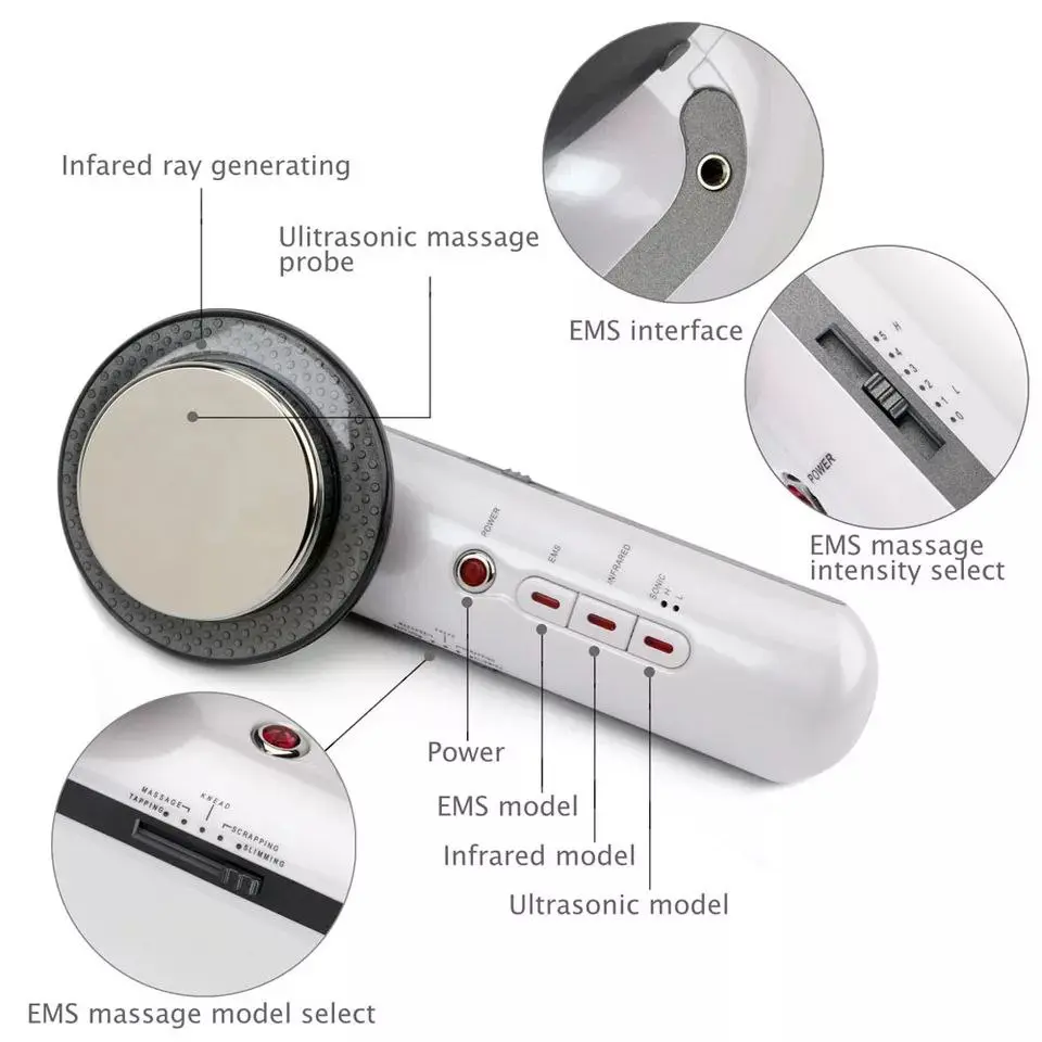 Aparato para masaje corporal en color blanco con cabezal redondo metalizado, botones de control e indicadores detallados con zoom.