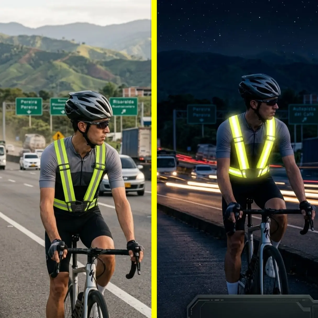 Chaleco reflectivo amarillo neón para ciclismo, comparativa de visibilidad en carretera de día y de noche con luces de vehículos.
