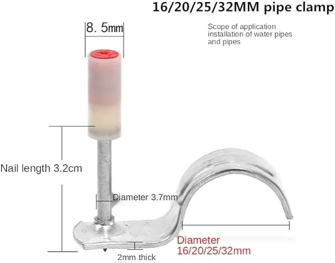 Abrazadera metálica para tubería con clavo integrado de 3.2 cm, diámetro de 3.7 mm y base de 2 mm, diseñada para fijación estable en instalaciones.
