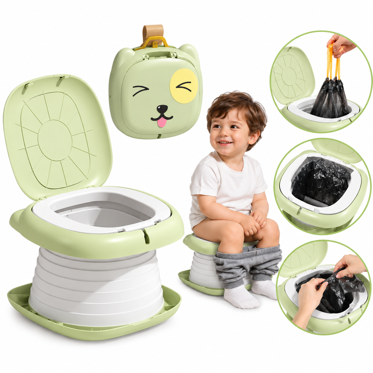 Bacinilla plegable portátil color verde con diseño de osito, incluye bolsa desechable y muestra su uso práctico para entrenamiento de higiene infantil.
