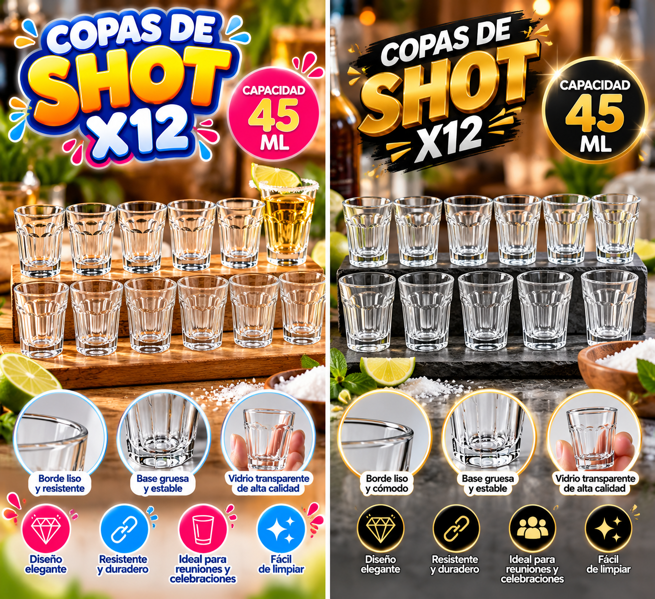 Set de shot de vidrio transparente x12 con base gruesa - Sirve porciones exactas en reuniones sociales - Imagen 2