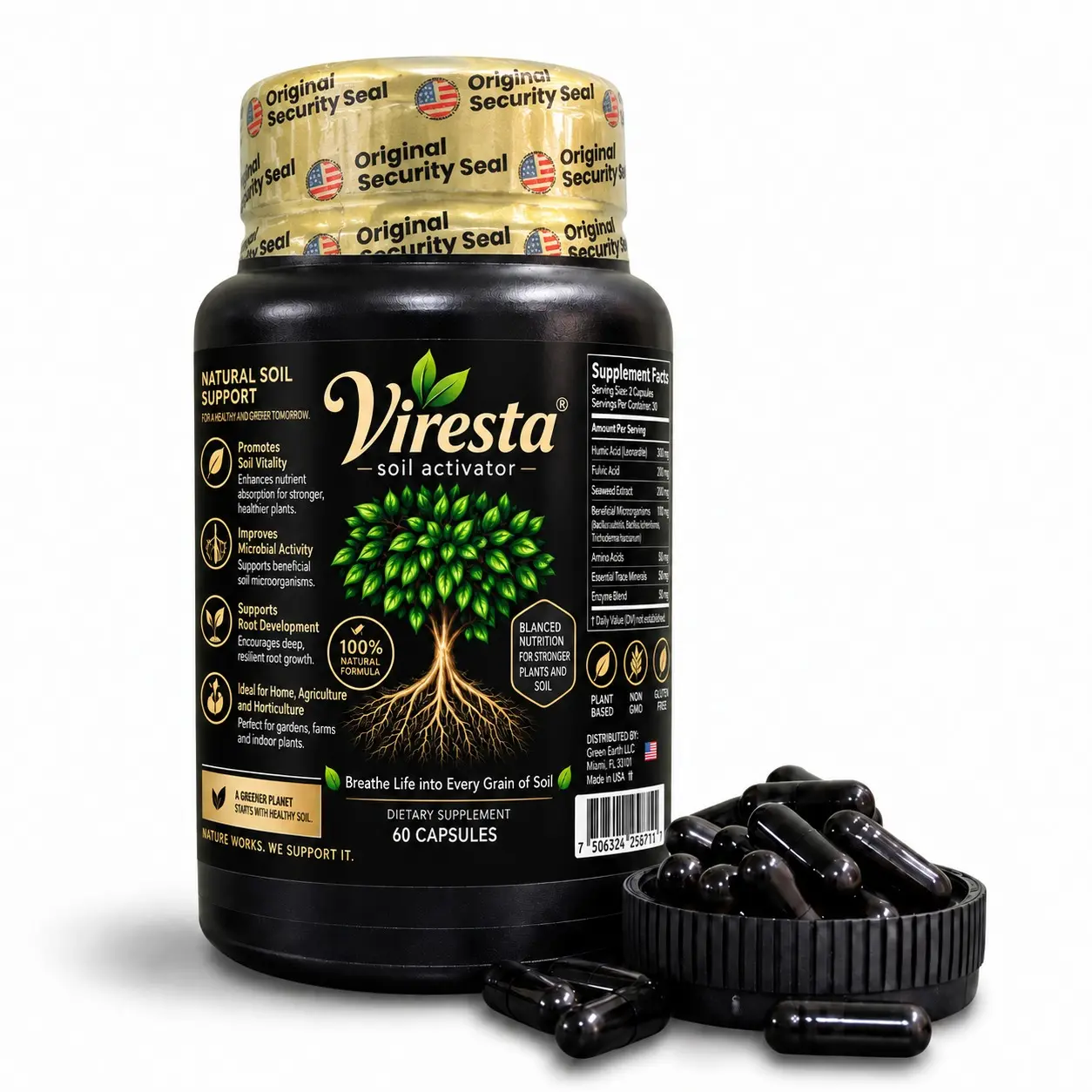 Frasco negro de Viresta Soil Activator con tapa dorada, junto a cápsulas negras para suelo sobre una tapa y esparcidas frente al envase.