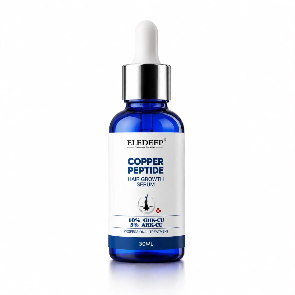 Frasco gotero de vidrio azul con sérum capilar de péptidos de cobre, etiqueta blanca y capacidad de 30 ml.