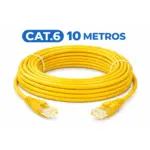 Cable de red amarillo Cat 6 de 10 metros, enrollado con conectores RJ45 transparentes en ambos extremos.
