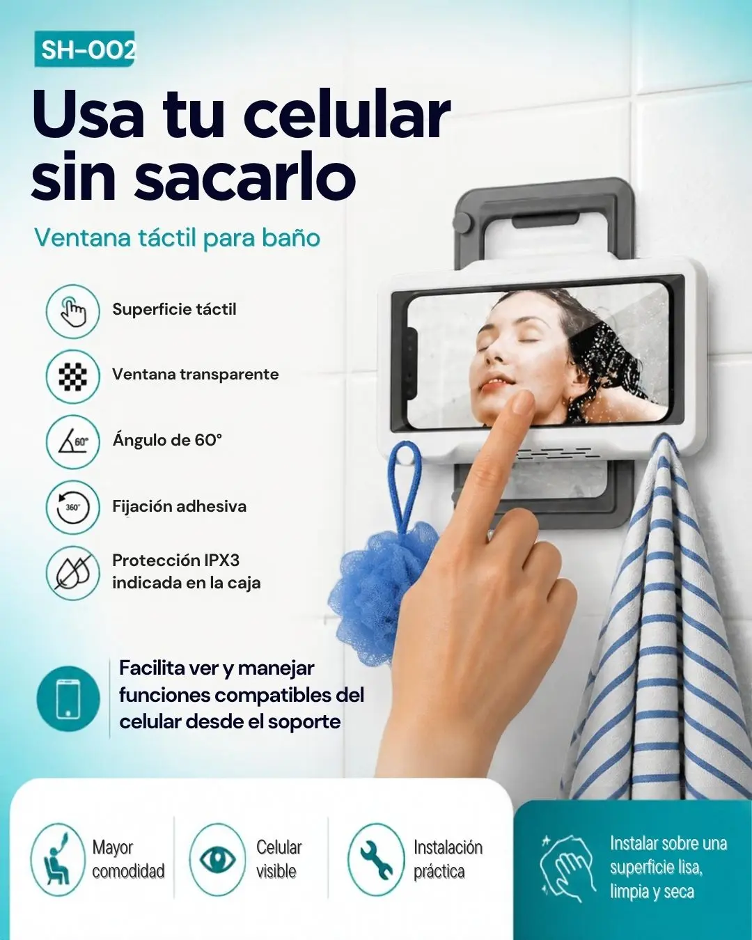 Set x2 Soporte impermeable para celular en la ducha con adhesivo de pared - Protege tu dispositivo contra salpicaduras mientras disfrutas contenido multimedia - Imagen 3