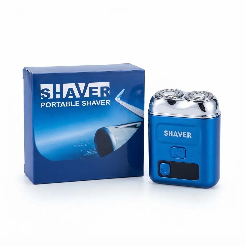Afeitadora portátil eléctrica azul de bolsillo con doble cabezal rotativo cromado y su caja de empaque con diseño de avión.