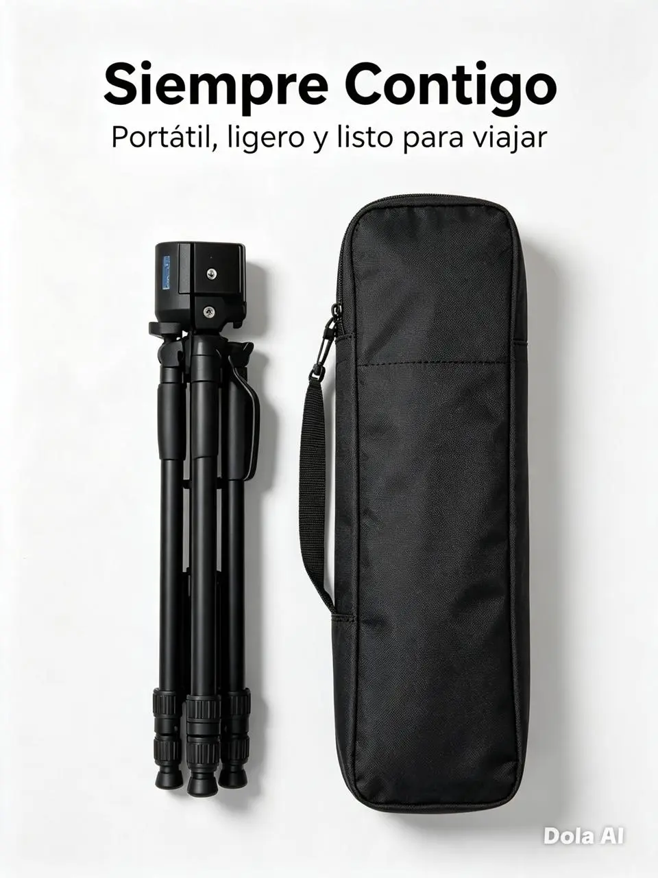 Trípode de aluminio negro plegado junto a su estuche de transporte con cremallera y correa, sobre fondo blanco.
