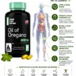 Frasco negro de aceite de orégano 4000 mg con 100 cápsulas blandas, junto a infografía sobre beneficios digestivos, inmunológicos y salud cardiovascular.
