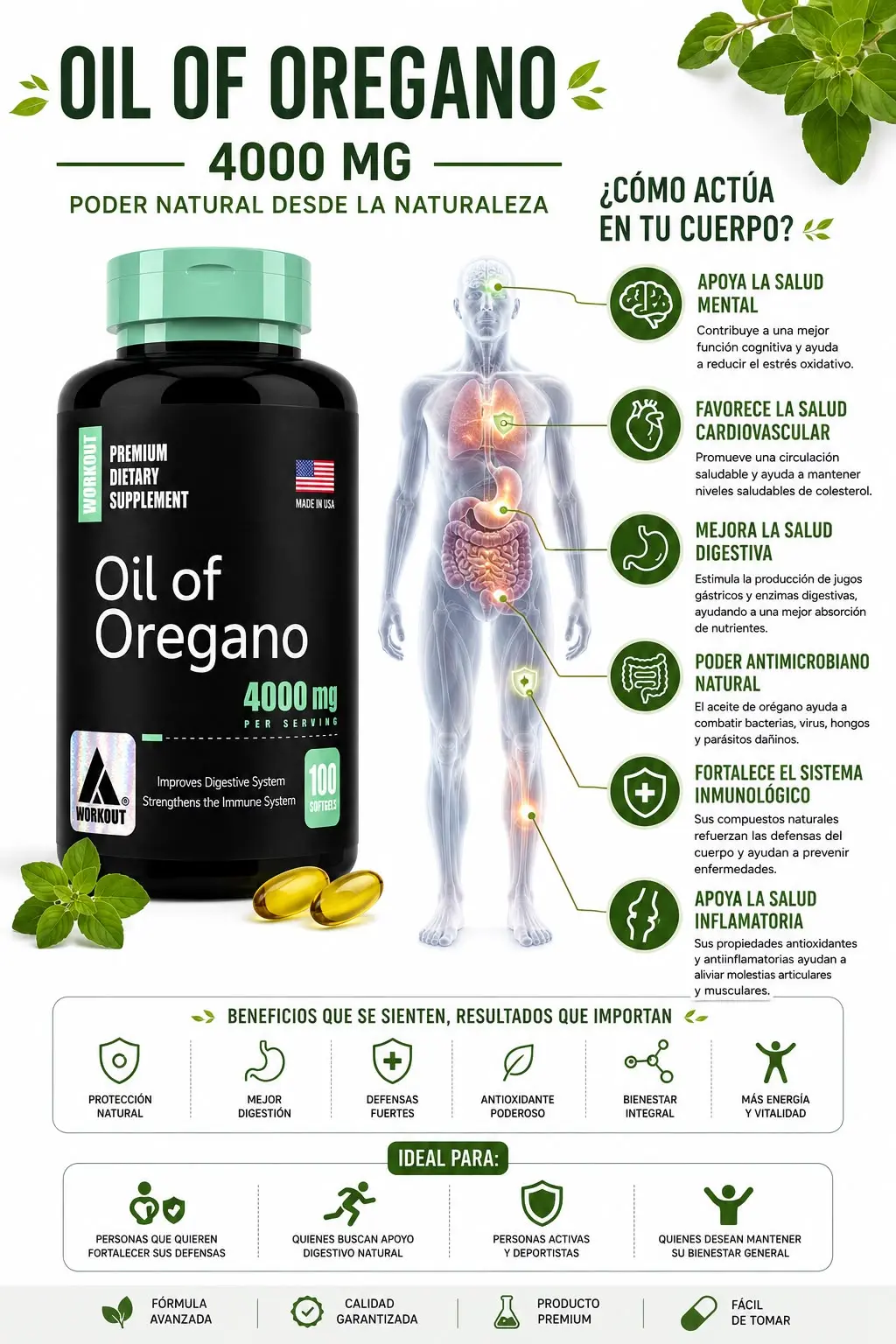 Frasco negro de aceite de orégano 4000 mg con 100 cápsulas blandas, junto a infografía sobre beneficios digestivos, inmunológicos y salud cardiovascular.