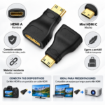 Set de dos adaptadores negros HDMI hembra a Mini HDMI macho con conectores dorados y diseño compacto texturizado.