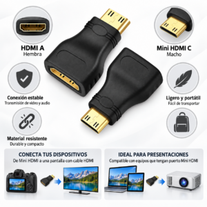 Adaptador Convertidor HDMI a Mini HDMI para Cámaras y Tablets - Transmite video y audio de alta definición sin configuraciones adicionales