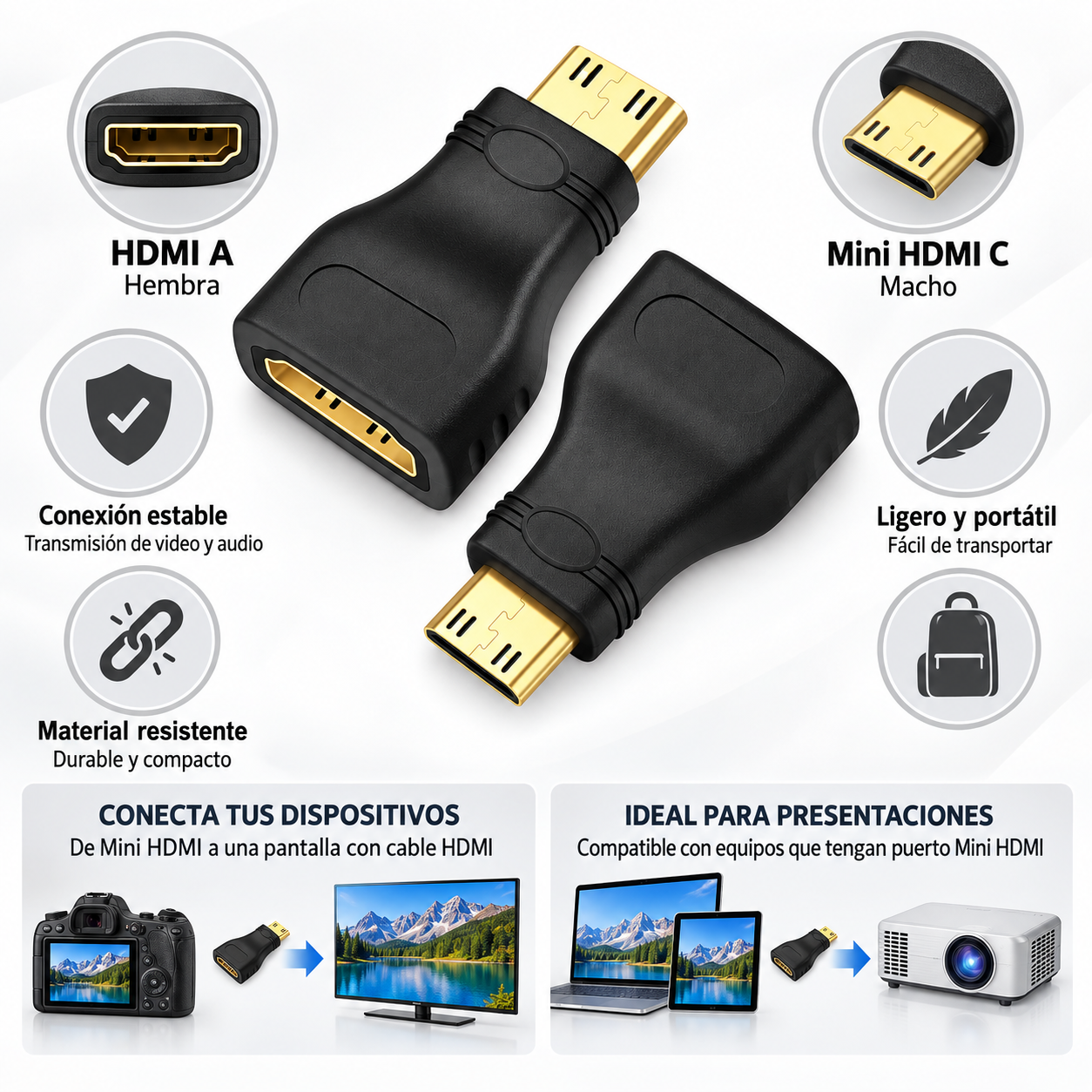 Set x4 Adaptador Convertidor HDMI a Mini HDMI para Cámaras y Tablets - Transmite video y audio de alta definición sin configuraciones adicionales