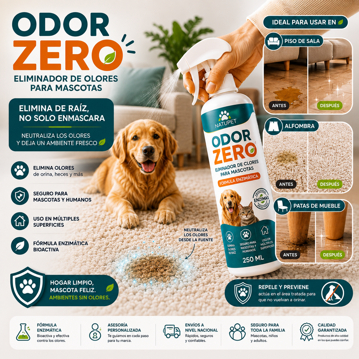 Botella de spray eliminador de olores enzimático de 250ml para mascotas, aplicando producto sobre mancha en alfombra junto a perro golden retriever.