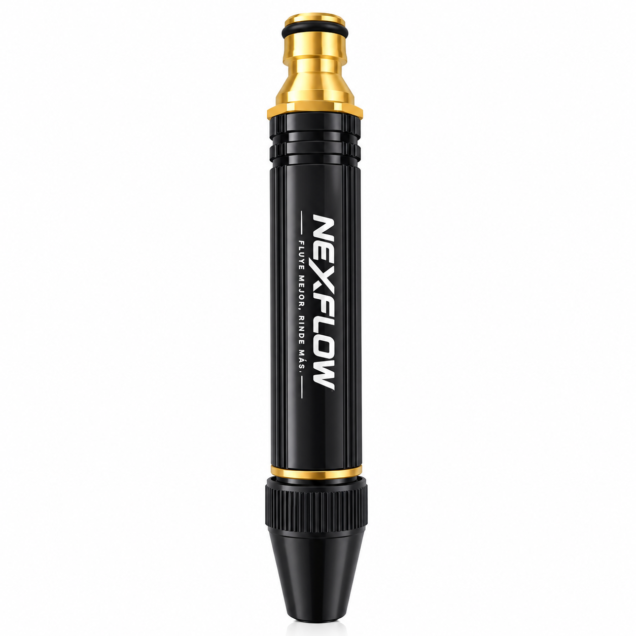 Boquilla pulverizadora para manguera de jardín en color negro con detalles dorados, cuerpo cilíndrico estriado y marca visible Nexflow.