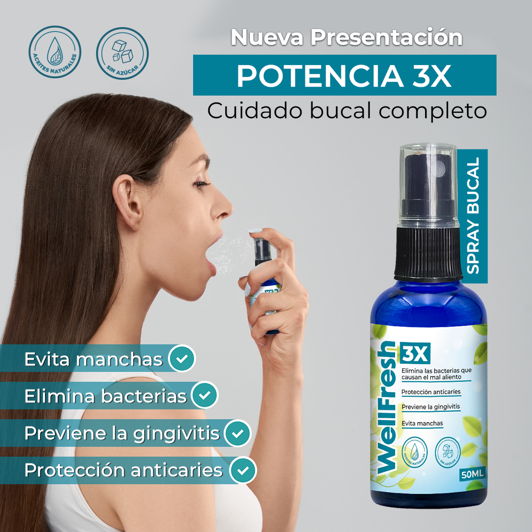 Spray bucal antiséptico WellFresh 3X de 50 ml con aplicador en atomizador, utilizado para la higiene dental y el cuidado completo de la boca.