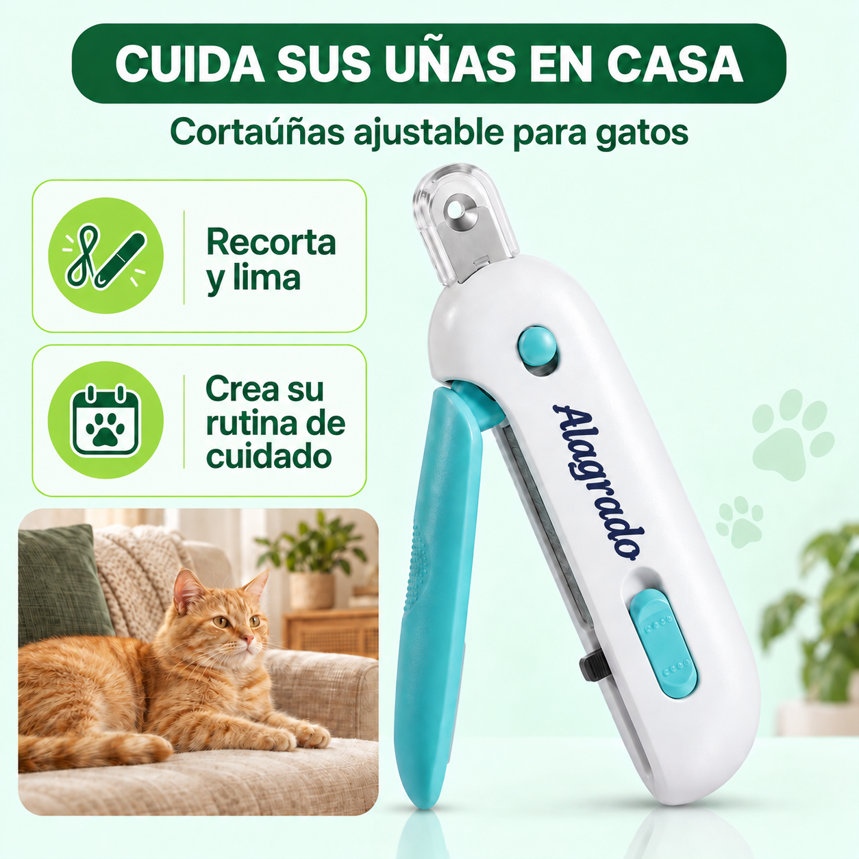 Cortaúñas blanco y turquesa para gatos con protector circular ajustable y mango ergonómico, acompañado de un gato en sofá.