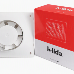Extractor de aire blanco de 4 pulgadas con aspas plásticas junto a su caja roja y blanca de empaque con diseño impreso.