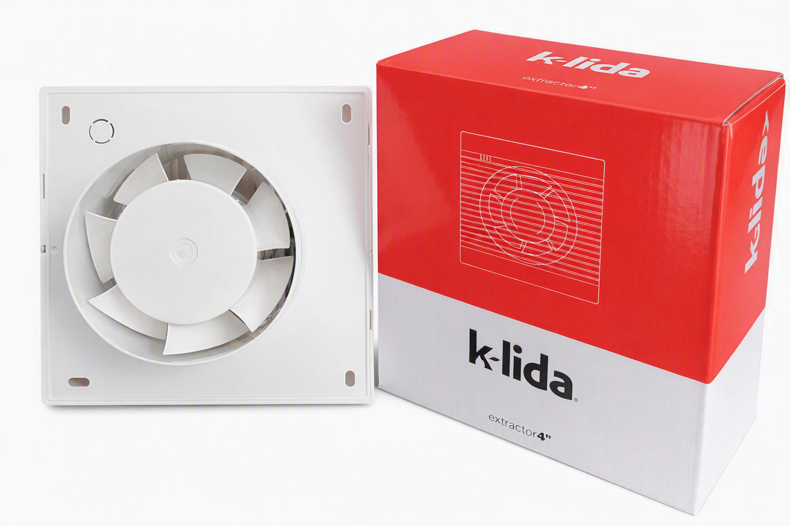 Extractor de aire blanco de 4 pulgadas con aspas plásticas junto a su caja roja y blanca de empaque con diseño impreso.