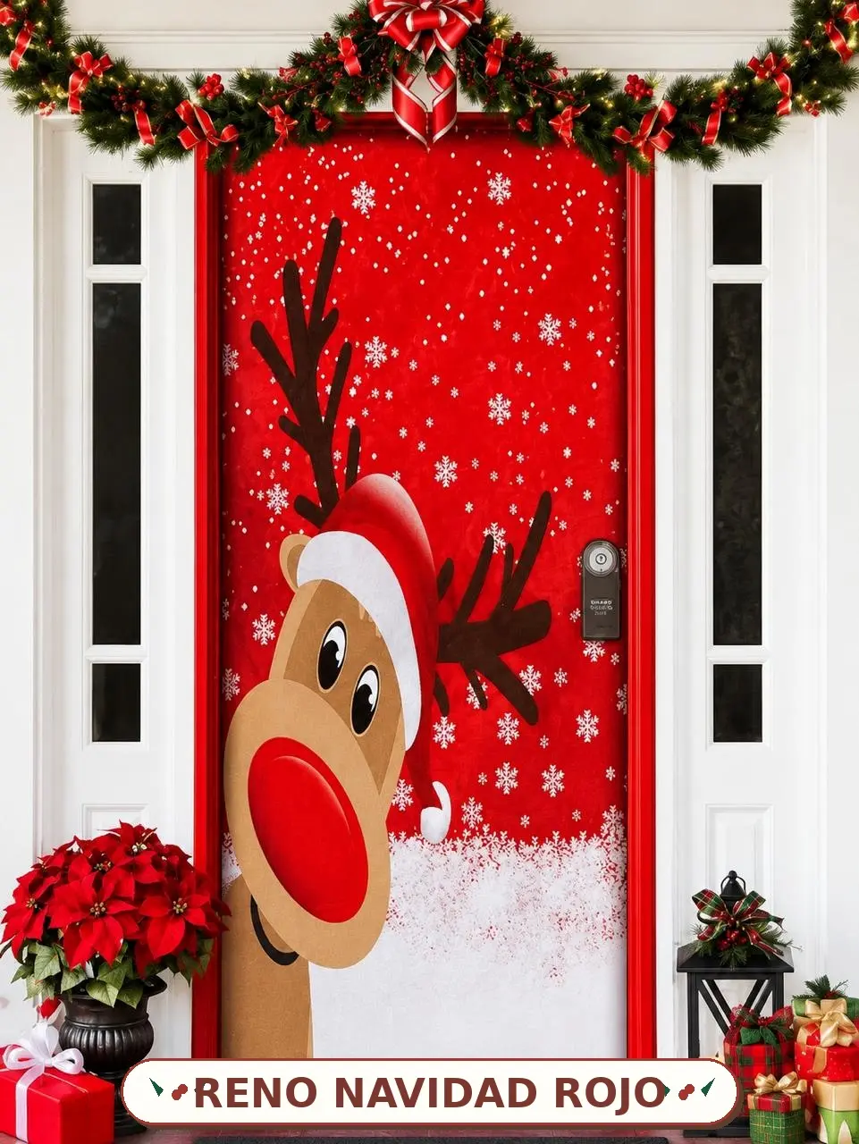 Forro elástico para puerta con diseño de reno navideño de nariz roja, gorro de Santa y copos de nieve sobre fondo rojo con base blanca.