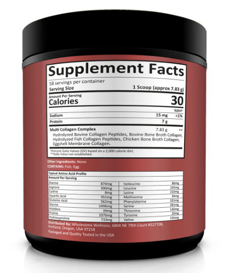 Envase cilíndrico rojo con tapa negra de proteína en polvo de colágeno múltiple, mostrando etiqueta con tabla nutricional y perfil de aminoácidos.