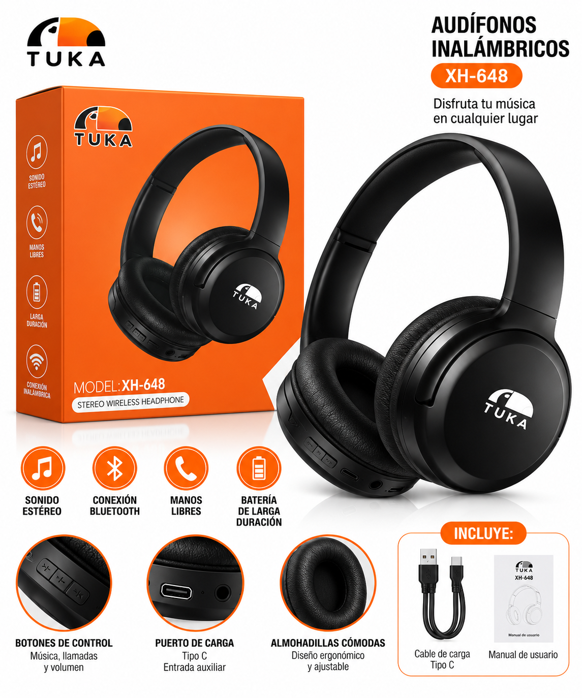 Audífonos inalámbricos Tuka XH-648 negros con diseño ergonómico, caja, botones de control, puerto tipo C, entrada auxiliar, cable de carga y manual.