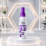 Spray repelente blanco de 120 ml con atomizador morado, sobre plataforma circular blanca en laboratorio con luces LED hexagonales de fondo.