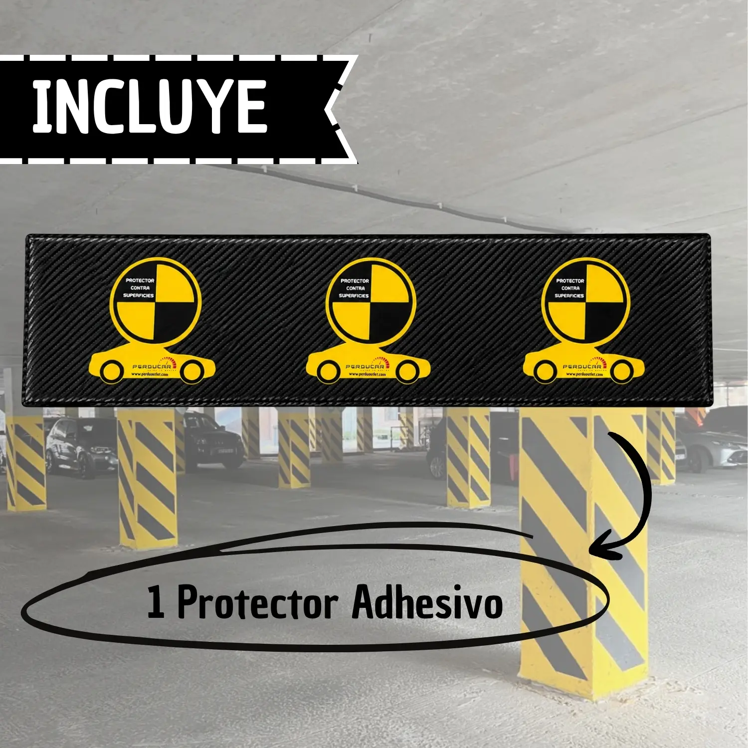 Protector adhesivo negro con textura de fibra de carbono y tres logos amarillos, diseñado para evitar golpes en columnas de garaje. Incluye una unidad.