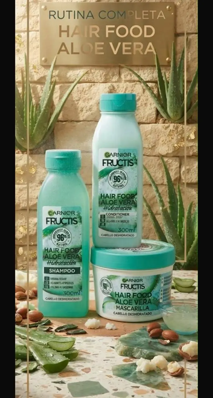 Set de cuidado capilar Garnier Fructis Hair Food Aloe Vera Hidratación con champú, acondicionador y mascarilla en envases verdes sobre fondo de piedra.