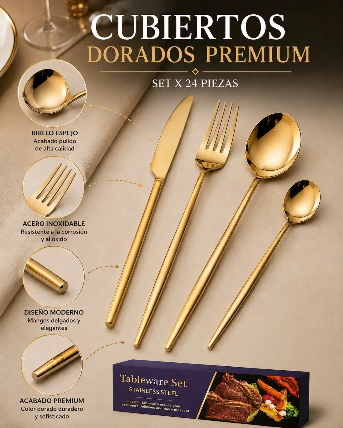 Set de cubiertos dorados de acero inoxidable con acabado brillante, incluye cuchillo, tenedor, cuchara sopera y cucharita.