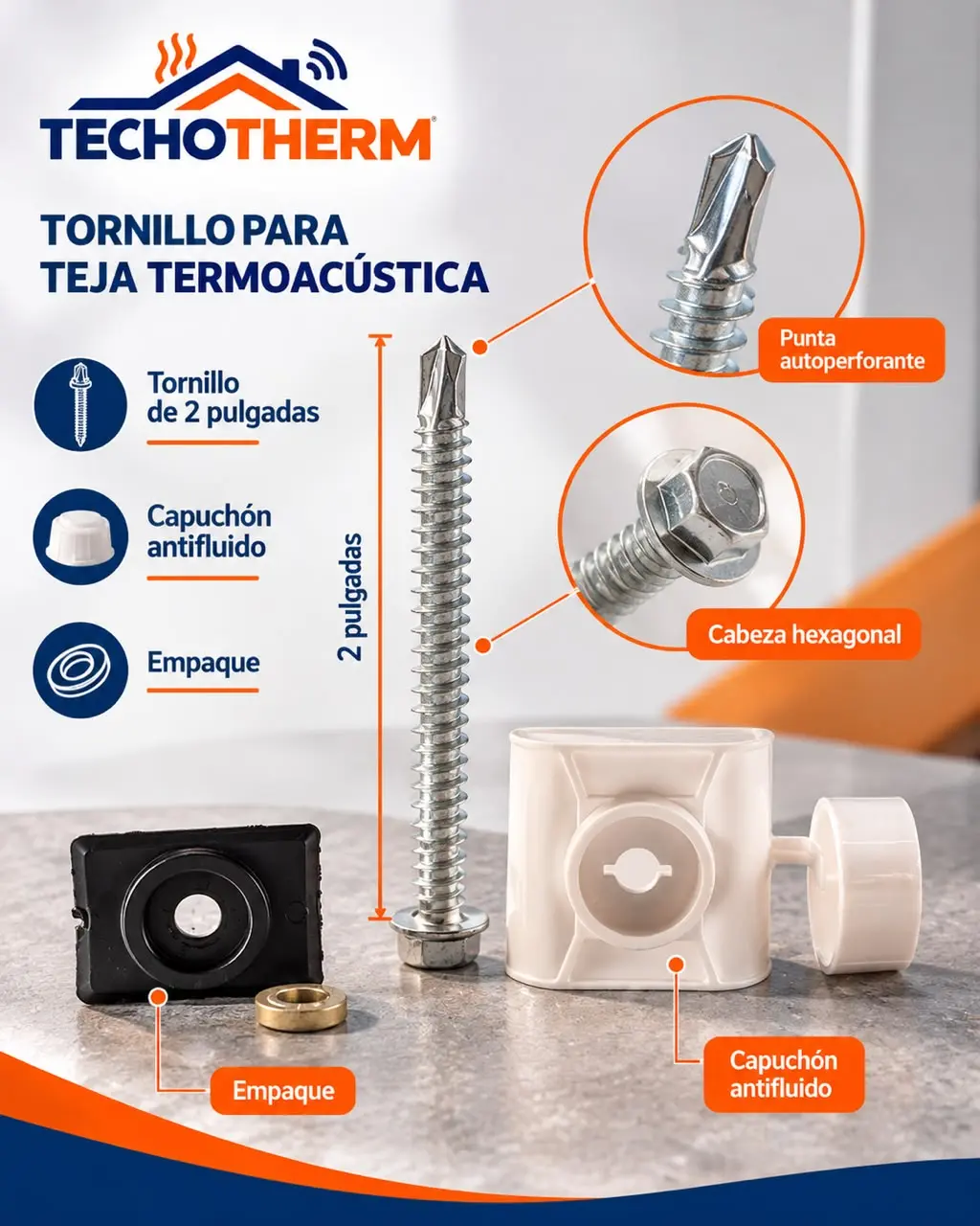Tornillo autoperforante metálico de 2 pulgadas para teja con cabeza hexagonal, empaque y capuchón antifluidos blanco.