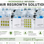 Kit de microneedling para crecimiento capilar con ampollas y aplicador, en tres cajas de presentación sobre fondo de laboratorio.