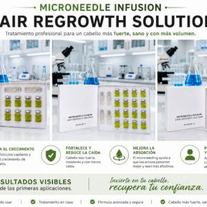Kit de microneedling para crecimiento capilar con ampollas y aplicador, en tres cajas de presentación sobre fondo de laboratorio.