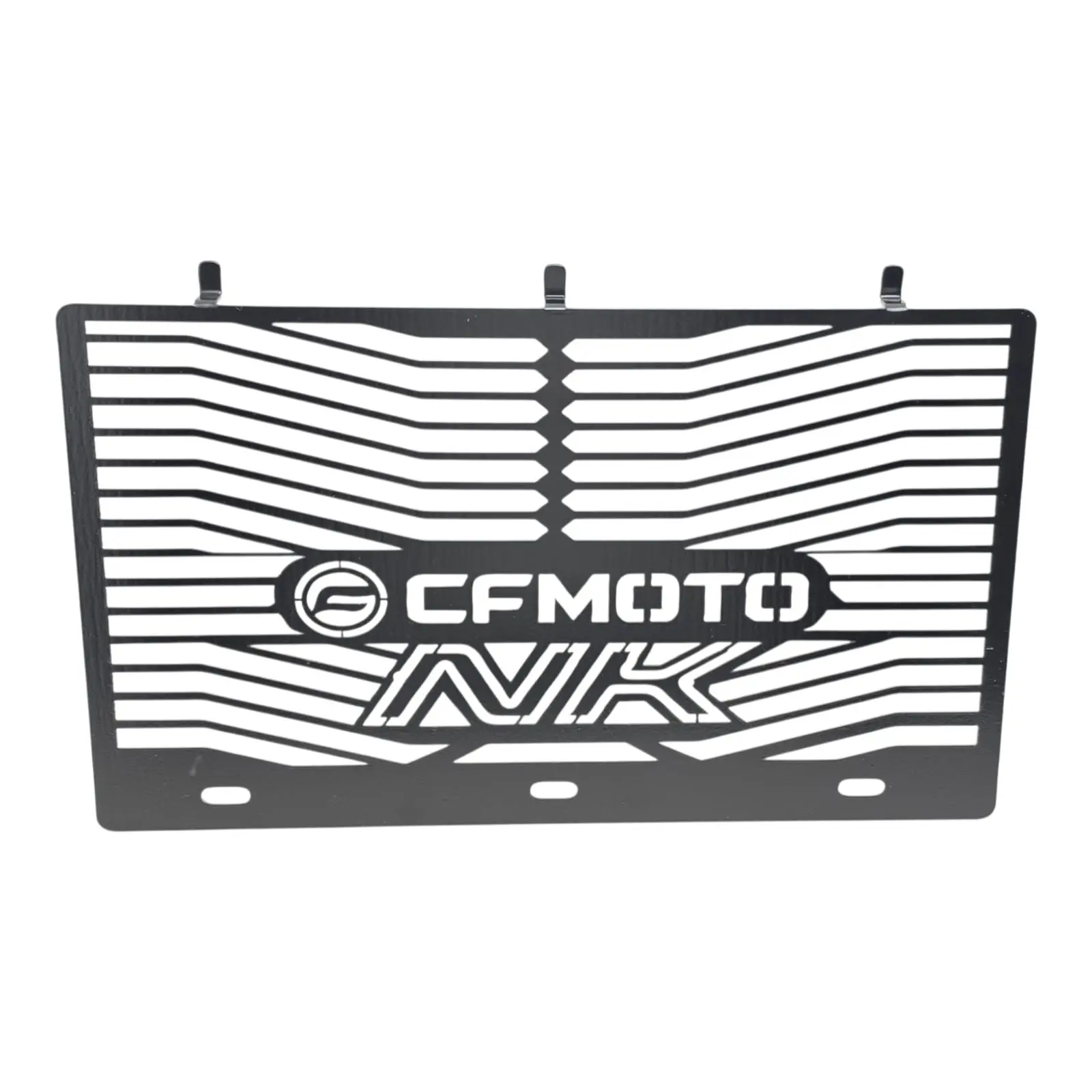 Protector de radiador negro en acero inoxidable para moto CFMOTO NK, con diseño de rejilla horizontal, logo grabado y tres puntos de anclaje superiores.