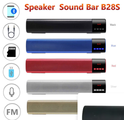 Barra de sonido Bluetooth B28S disponible en colores negro, azul, rojo, plateado y dorado, con pantalla digital, puerto USB y controles integrados.