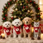 Bufanda navideña roja tejida con aplique de Santa Claus para perros y gatos pequeños, sentados frente al árbol de Navidad.