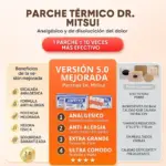 Parche térmico analgésico Dr. Mitsui versión mejorada en empaque naranja con cuatro beneficios y comparación frente a parches comunes.