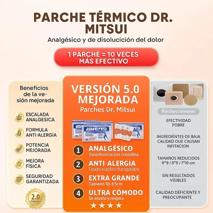 Parche térmico analgésico Dr. Mitsui versión mejorada en empaque naranja con cuatro beneficios y comparación frente a parches comunes.