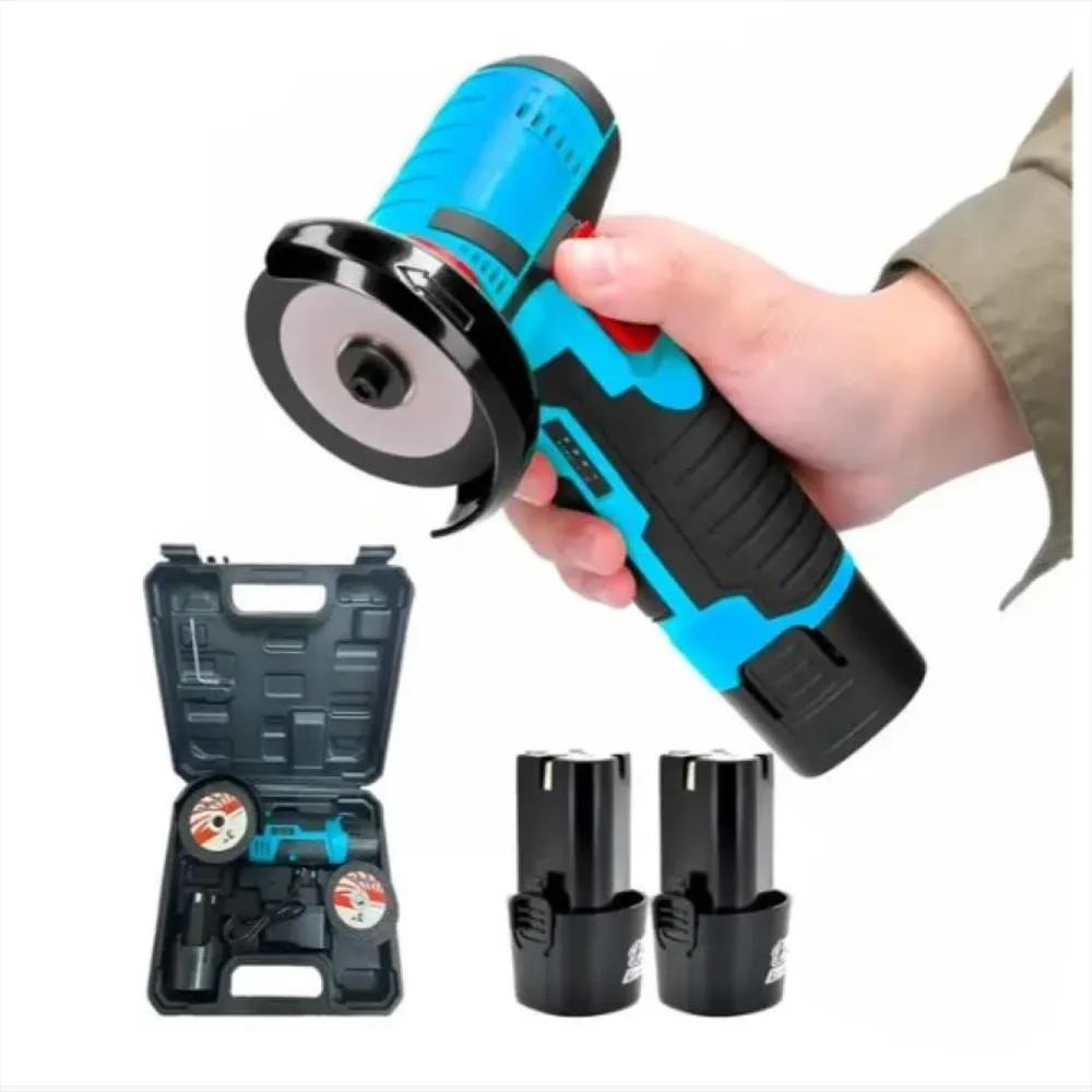 Mini esmeriladora o pulidora inalámbrica azul y negra de 12V con estuche, dos baterías de litio y discos de corte incluidos.