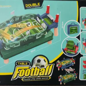 Empaque de mesa de futbolín portátil verde con azul, incluye accesorios, diagrama de montaje y medidas de 55cm por 26cm por 20.8cm para juego rápido.
