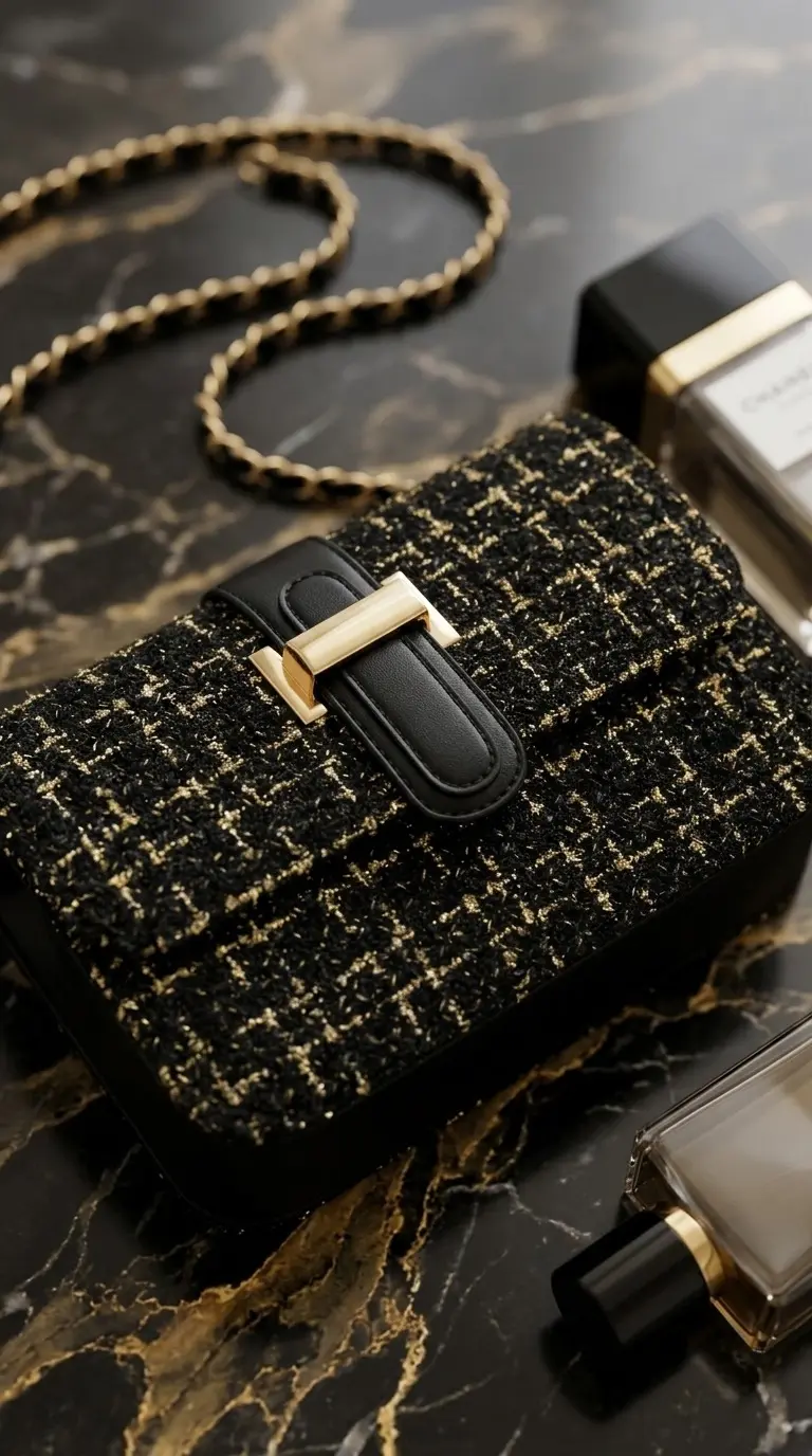 Bolso de mano para mujer en tweed negro con dorado, solapa, broche y cadena metálica, dispuesto sobre superficie de mármol con frascos de perfume.