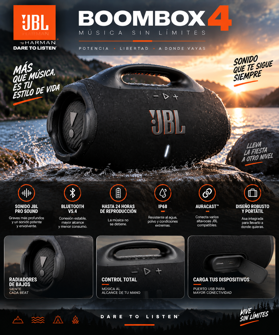 Parlante inalámbrico JBL Boombox 4 negro en exteriores sobre roca mojada, resistente al agua, con asa superior y botones de control visibles