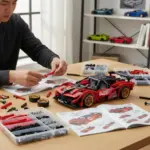 Persona armando un carro deportivo rojo tipo bloques en una mesa, con piezas organizadas en cajas, manual de instrucciones y estantería con modelos.