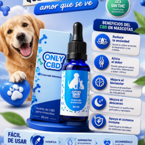 Aceite de CBD Only CBD para mascotas en frasco azul de 30 ml con gotero, junto a su caja, un perro feliz y lista de beneficios para el bienestar animal.