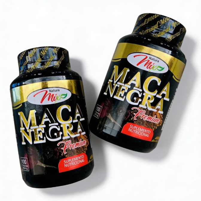 Dos frascos negros de suplemento nutricional Maca Negra Premium Natura Mix con etiquetas doradas y rojas, uno inclinado, sobre fondo blanco.