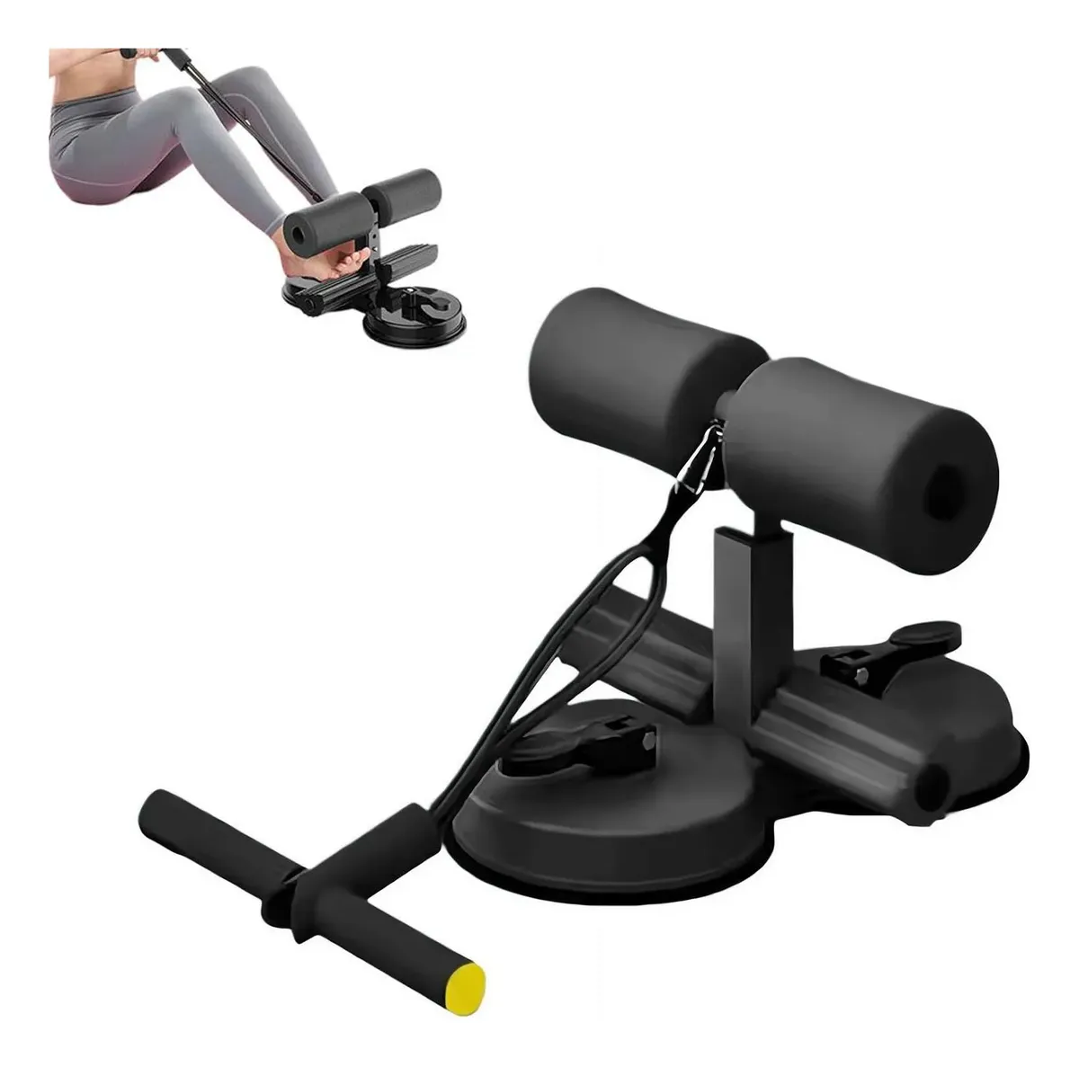 Soporte abdominal negro con dos rodillos acolchados, doble base de succión por vacío, barra de tracción elástica y uso en el suelo.