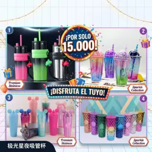 Set x2 Termo portátil con sorbete y diseños variados - Disfruta tus bebidas favoritas siempre con comodidad