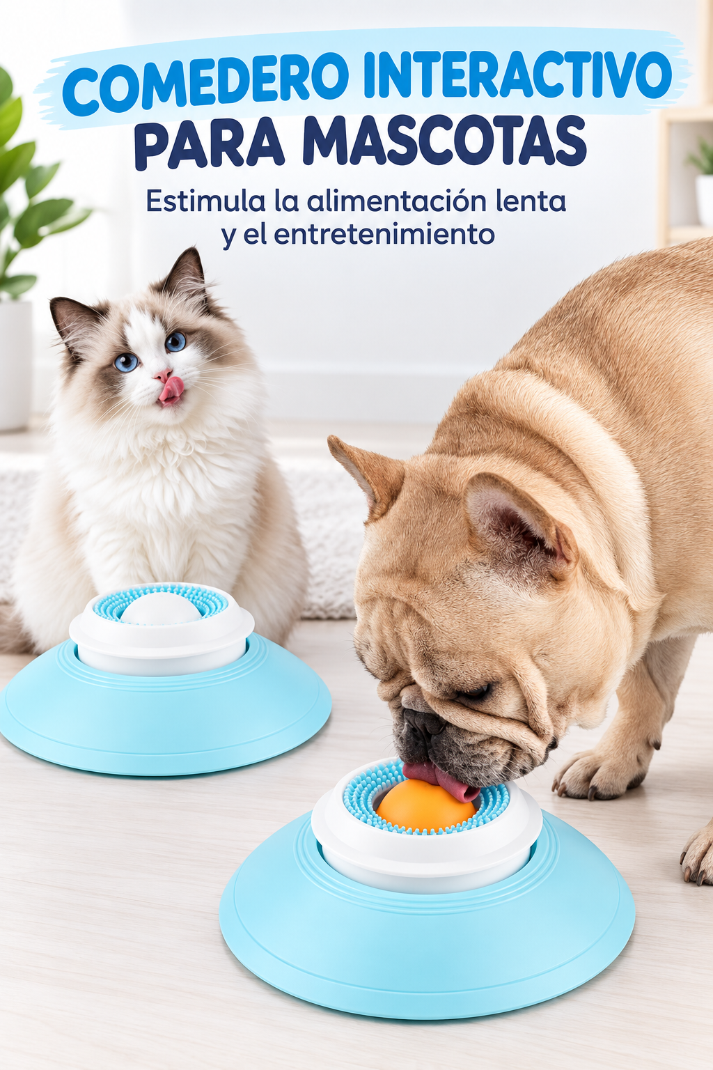 Comedero interactivo azul y blanco para perros y gatos con base cónica ancha y centro texturizado, estimulando una alimentación lenta y entretenida.