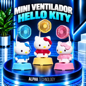 Tres mini ventiladores portátiles de Hello Kitty en colores azul, amarillo y rosa sobre una plataforma circular con luces y un fondo moderno.