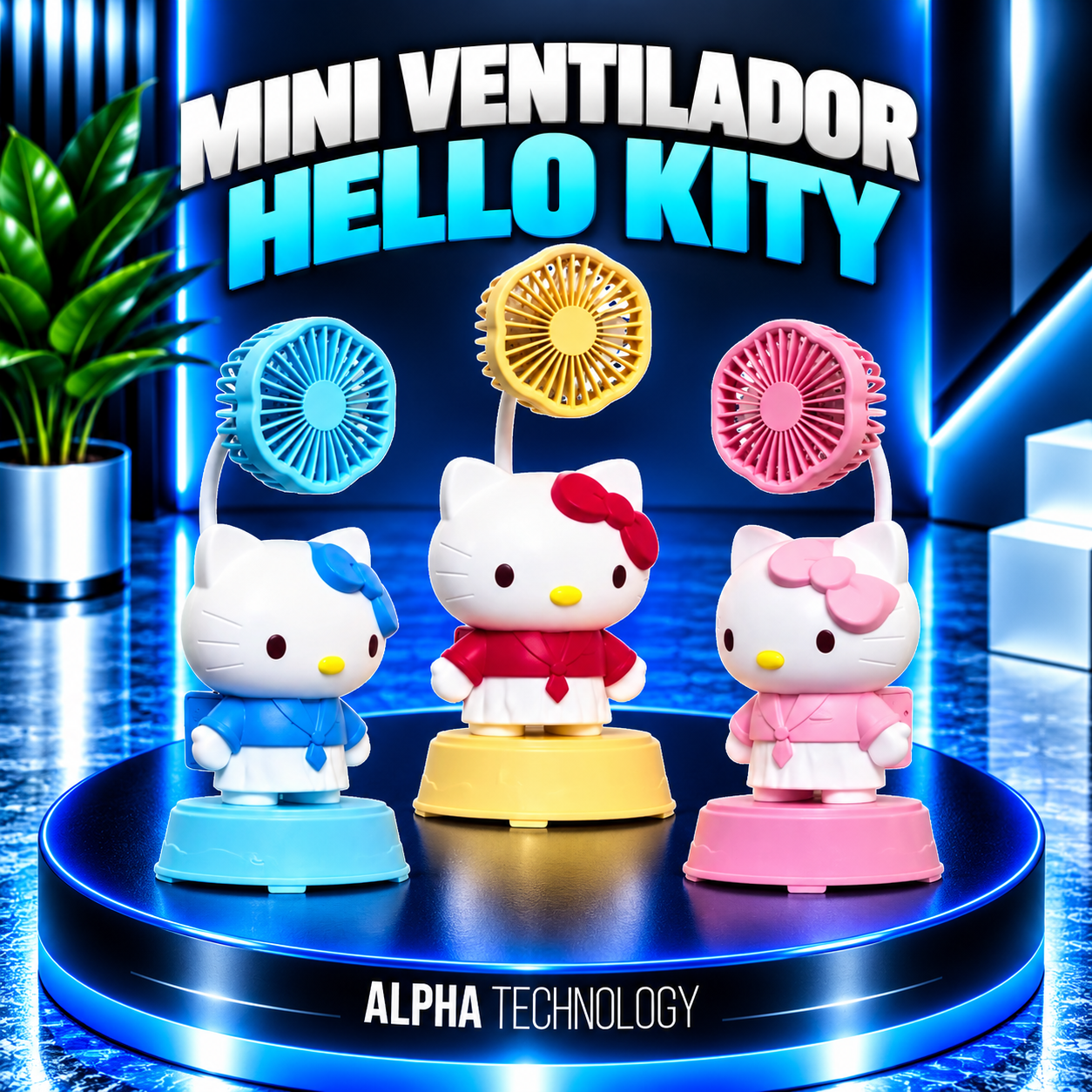 Tres mini ventiladores portátiles de Hello Kitty en colores azul, amarillo y rosa sobre una plataforma circular con luces y un fondo moderno.